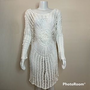 White crochet swimwear cover up long sleeve dress